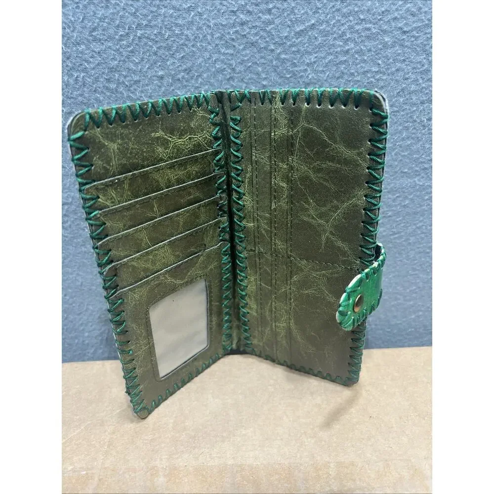 Vintage Boho-Chic & Western Tooled Aesthetic Floral Green Wallet